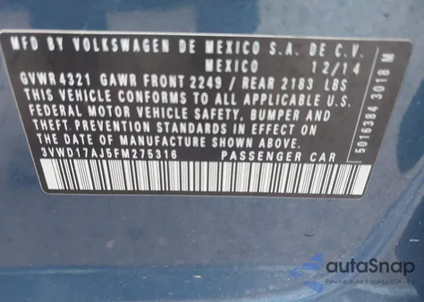 2015 Volkswagen Jetta 1.8T Se из США, поврежденный, VIN 3VWD17AJ5FM275316